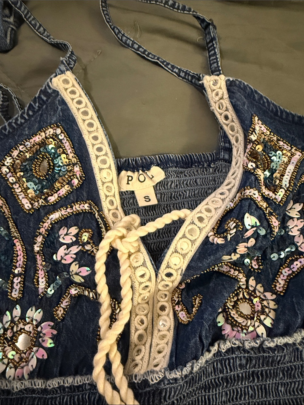 POL Denim Blue Embroidered Mini Dress with Sequins